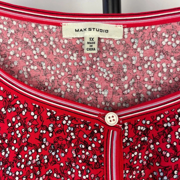 Max Studio Red Ditsy Cherry Print Peasant Style Loose Boho Balloon Sleeve Blouse - Picture 4 of 6